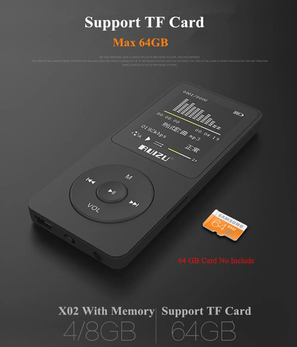 mp3 player RUIZU X02 MP3 music player key mp3 Micro SD card 64GB match PLAYFX AVI WMA JPG BMP TXT WAV TFT screen 20 languages