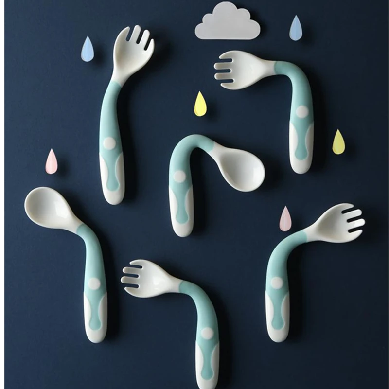 

2 PCS Bendable Cute Newborn Baby Spoon Fork Baby Silicone Soft Spoon Children Tableware Learning Training Soft Spoons Fork Kit