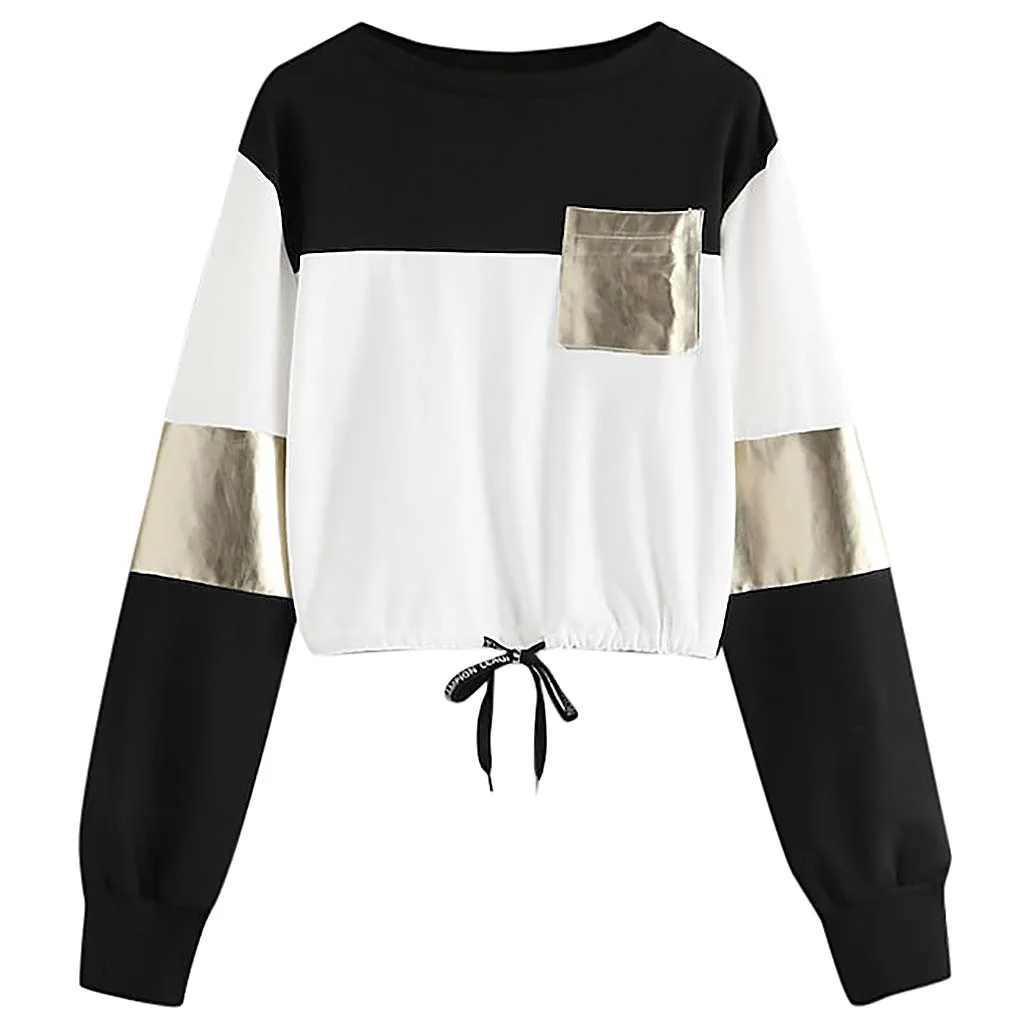 JAYCOSIN Fashion Women Casual O-Neck Sweatshirt Long Sleeve Bandage Patchwork Pocket Unique Elegant Comfortable Soft Chic Blouse