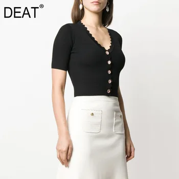 

DEAT 2020 new spring and summer fashion women clothes V-neck single breasted knitting short sleeves T shirt female top WK75900L
