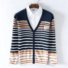 Классический Полосатый мужской свитер, Осень-зима, высокое качество, хлопок, мужской кардиган с вышивкой, v-образный вырез, повседневный тонкий вязаный свитер