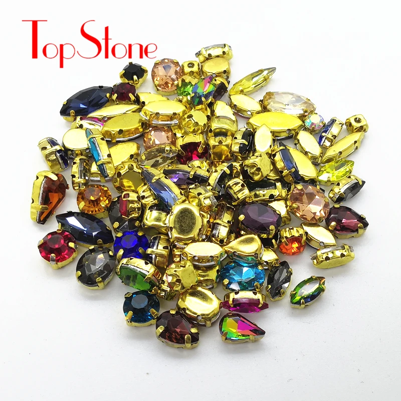 

TopStone 100pcs Mix Color Shapes Glass Crystal Sew On Gold Claw Rhinestone Strass DIY Wedding Dress Bags Decoration