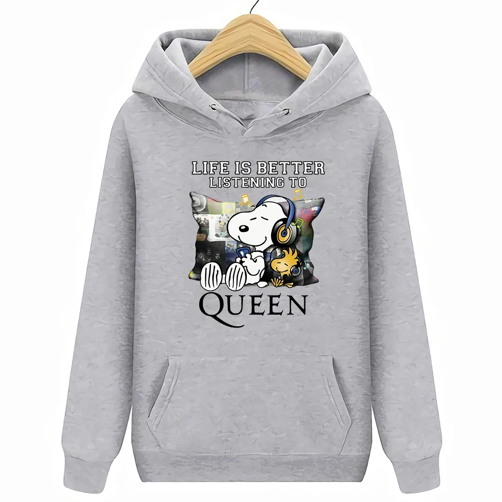 Snoopy2 и Woodstock жизнь лучше прослушивания queen группа толстовки кофты Для мужчин белый - Цвет: Серый
