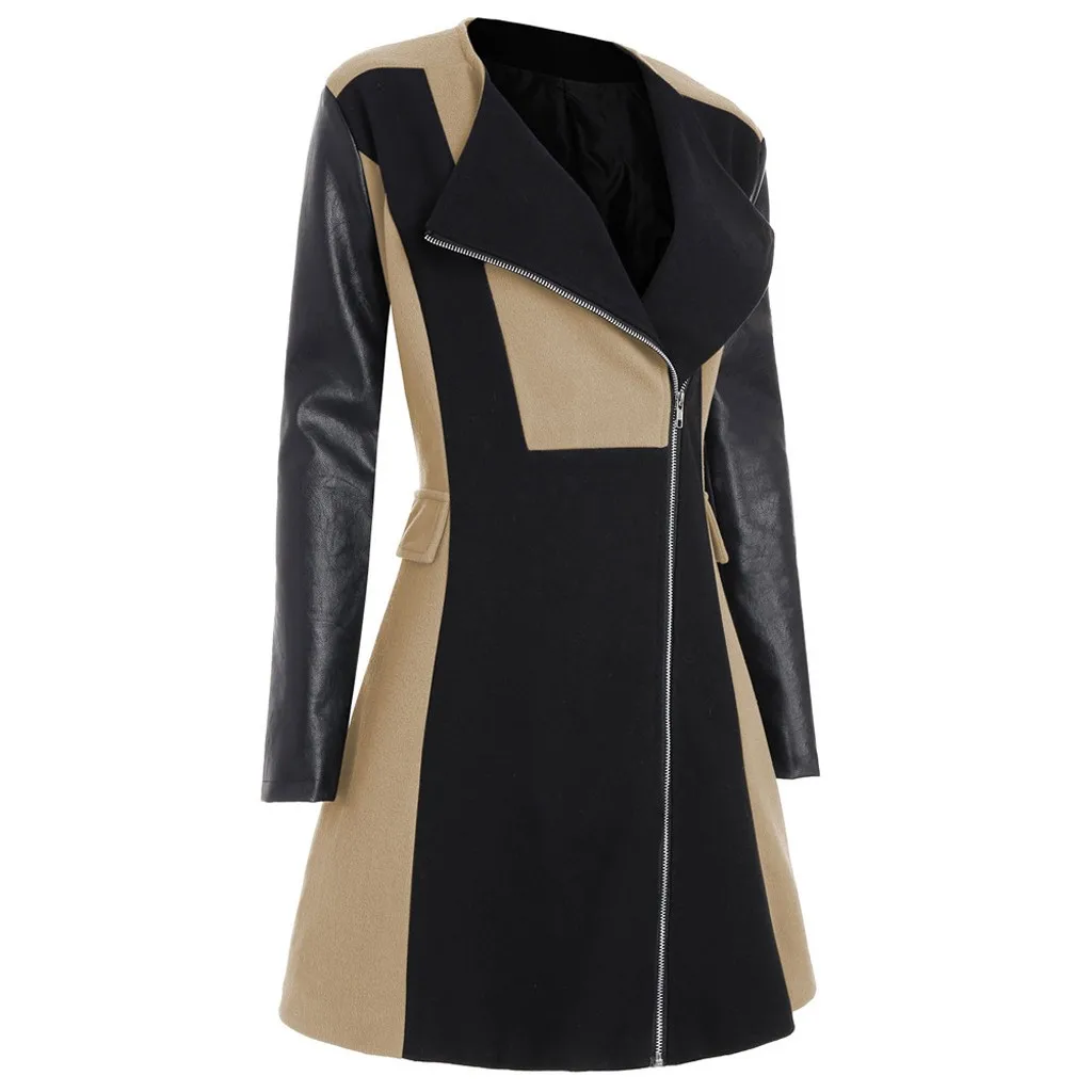 Модное Трендовое длинное шерстяное пальто размера плюс, зимнее теплое женское Шерстяное кожаное лоскутное длинное пальто, куртка