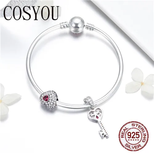 Tanie COSYOU 2019 autentyczne 925 srebro słodkie serce miłość klucz kształt Charm bransoletki dla kobiet CZ Sterling Silver biżuteria SCB817