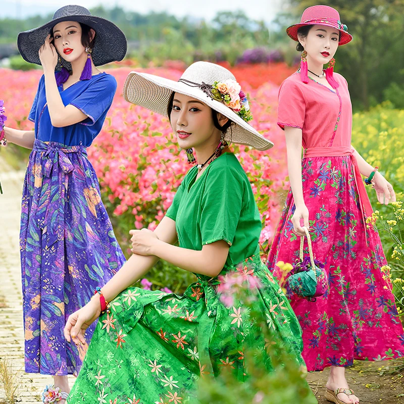 Spring Summer Vintage Dress Women Floral Boho Long Beach Party Maxi Green Women's Dresses V Neck Vestido KJ4010 | Женская одежда