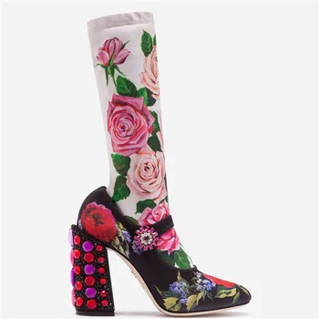 

Luxury Jeweled Heel Sock Boots Block Heel Mid-calf Long Boots Autumn New Arrival Floral Printing Lycra Sock Boots Shoes Women