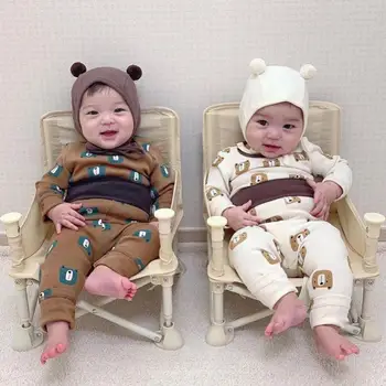 

Autumn Newborn Baby Boy Clothes Set Bear Printed Long Sleeve Tops And High Waist Pants+hat Kids Clothes Set Baby Girl Outfits