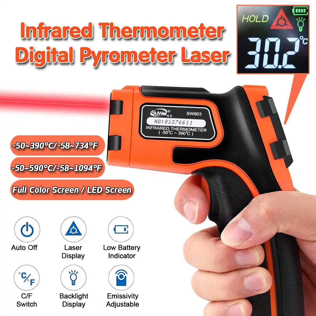 

Digital Laser Infrared Thermometer Non-Contact Laser Temperature Measuring Instrument -50-590C LCD Full Color Screen