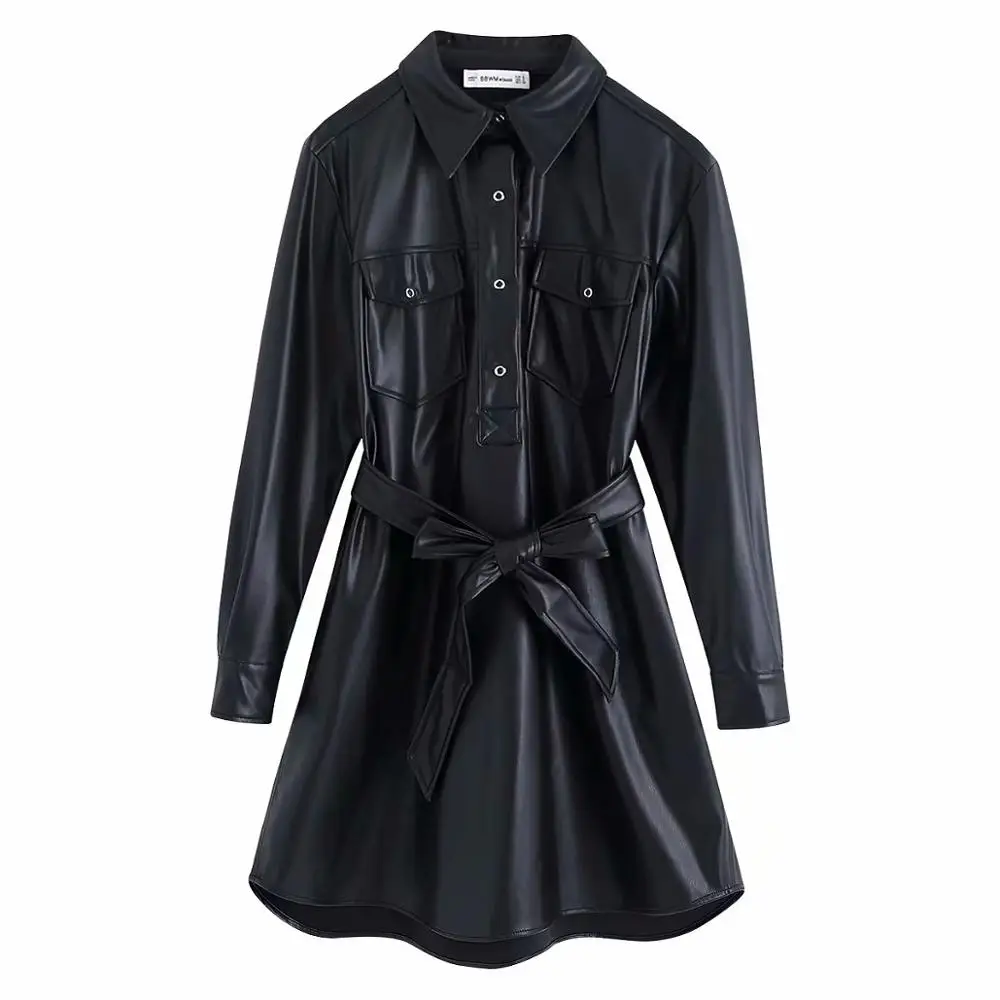 BB9873 Black Кожаные элегантные блузки, женские модные рубашки с отложным воротником со стойкой из искусственной кожи, элегантные женские топы с пуговицами и поясом - Цвет: BB9873 Black