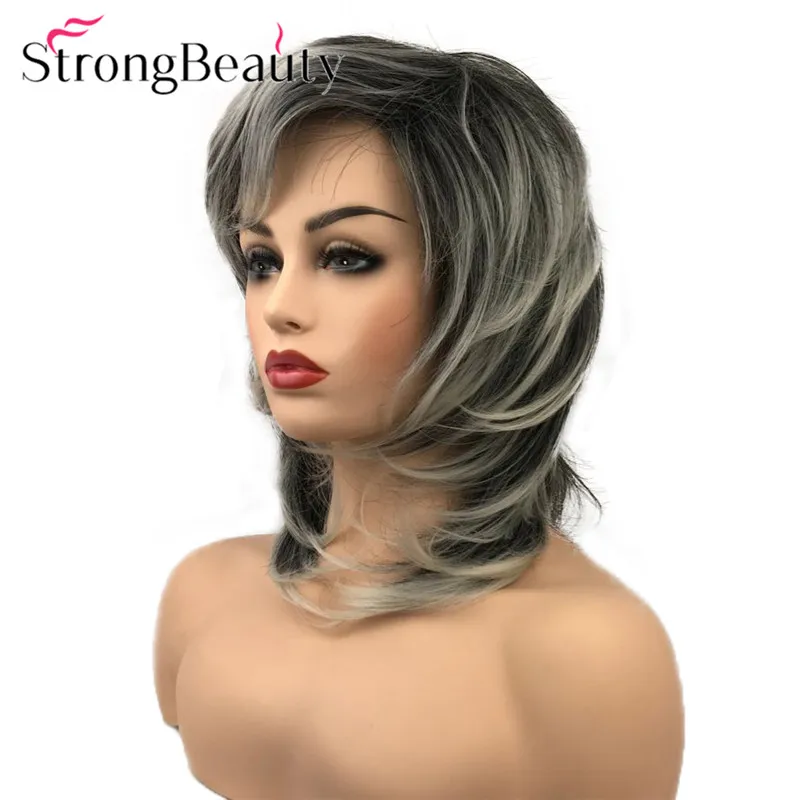 StrongBeauty Soft Fluffy Layered Shag Wig Medium Length Hair Natural Straight Black Silver White Synthetic Wigs