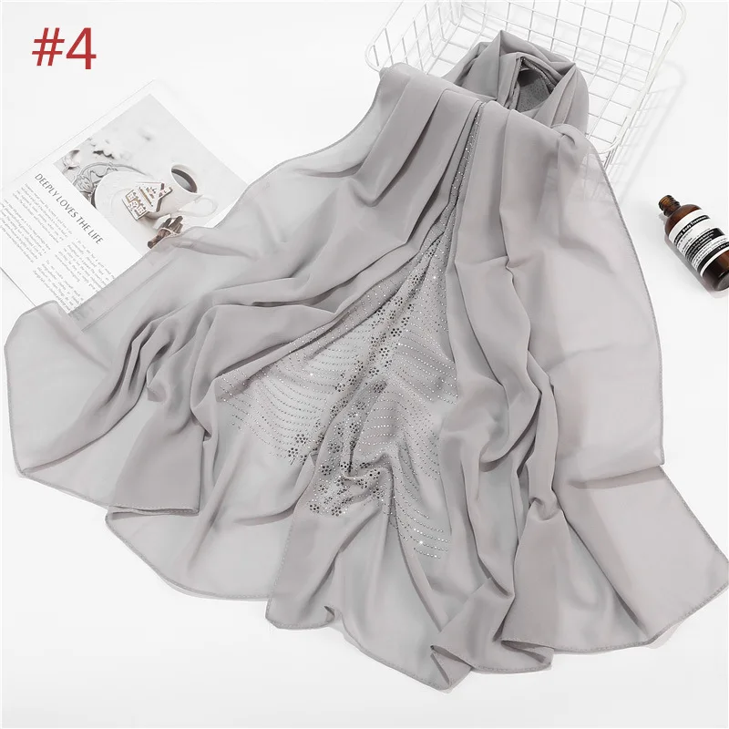 4 light grey Перламутровый шифоновый Малайзийский хиджаб шарф с роскошными бриллиантами женский Блестящий платок с блестками мусульманский головной убор исламский тюрбан - Цвет: 4 light grey