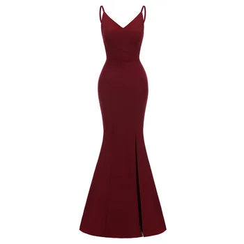 

Burgundy Elegant Prom Dress Spaghetti Straps Sheath Split Front Floor Length Sleeveless Women Evening Party Gowns Prom Dresses
