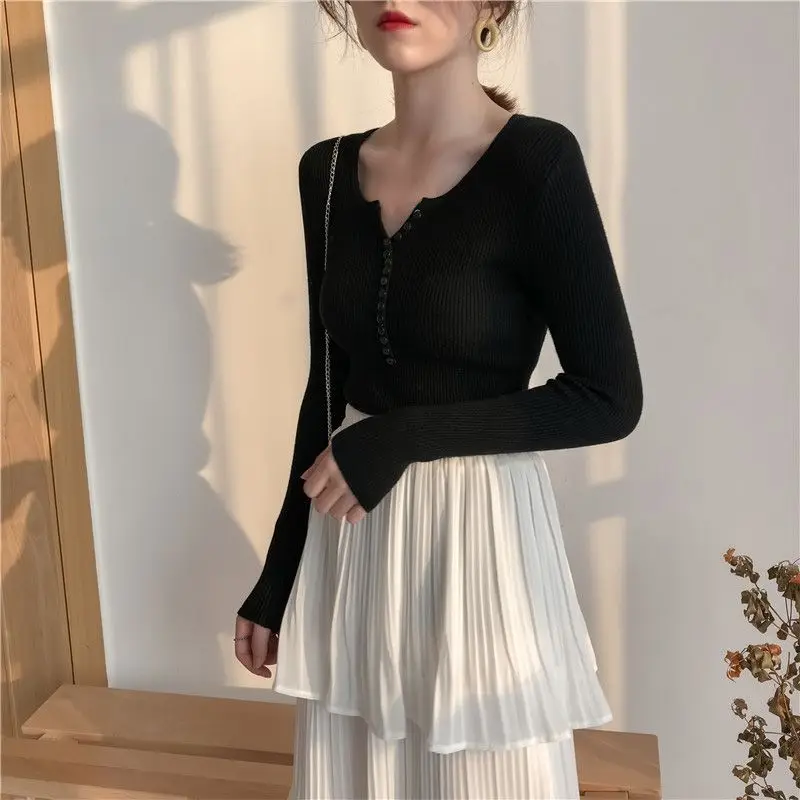 

2019 Autumn V-neck Sweater Stretch Solid Color Knitwear Women Bottoming Pullover Jumper Pull Femme #25