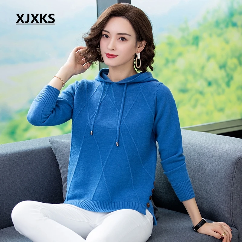 XJXKS ropa mujer Invierno модный кашемировый пуловер с капюшоном для женщин, однотонный вязаный женский свитер с длинными рукавами - Цвет: Синий