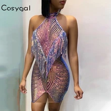 COSYGAL, зимнее облегающее сексуальное платье в стиле пэчворк, вечерние платья с блестками для ночного клуба, облегающее модное платье с кисточками, женское мини платье
