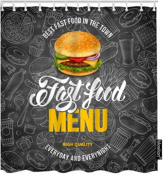 

Hamburger Fast Food Menu Doodle Pizza Cupcake Ice Cream Hot Dog Bathroom Shower Curtain