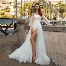 

Romantic Weddding Dresses Elegant Long Puff Sleeve Sheer Neck Lace Appliques High Slit Tulle A Line Court Train Bridal Gowns