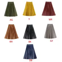 Женская винтажная Высокая талия искусственная кожа расклешенные плиссе в гармошку длинная юбка миди