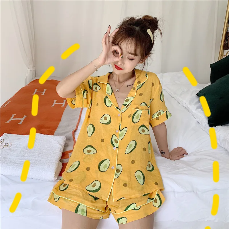 Летний корейский стиль свежий авокадо короткий рукав студентов короткий рукав пижамы спортивный костюм женский