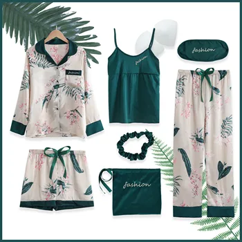 

Silka Surplus Femme Pajama Set 7 Pieces Stitch lingerie Robe pyjamas Women Sleepwear Sets Autumn Winter Tops+Shorts+Shirt+Pants