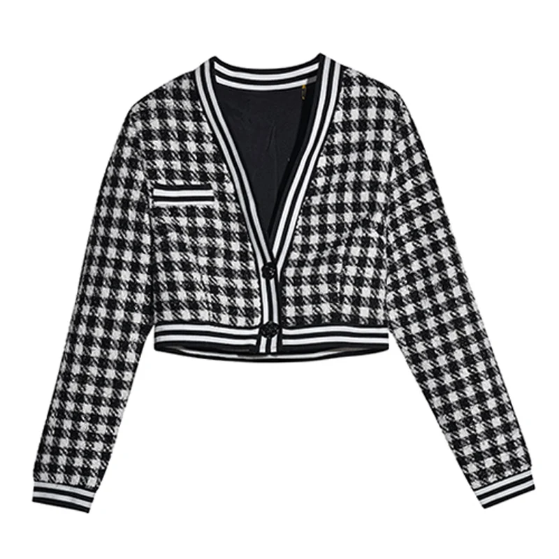 

PERHAPS U women houndtooth plaid tweed v neck short jacket outwear spring autumn long sleeve button vintage elegeant C0244