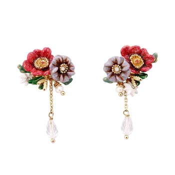 

Enamel Red Purple Flower Dangle Earrings Women Party Prom Jewelry Fringe Tassel Chain Drop Earrings Bridesmaids Gift EH017
