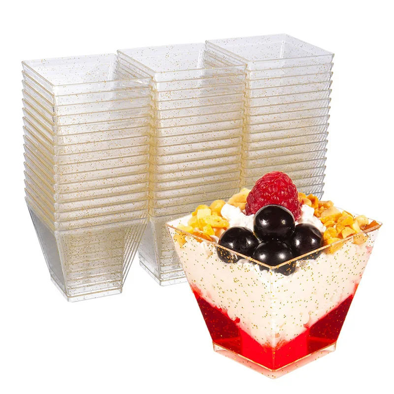 10pcs Mini Square Dessert Cup Cube Trapezoid Dish Tray With Disposable