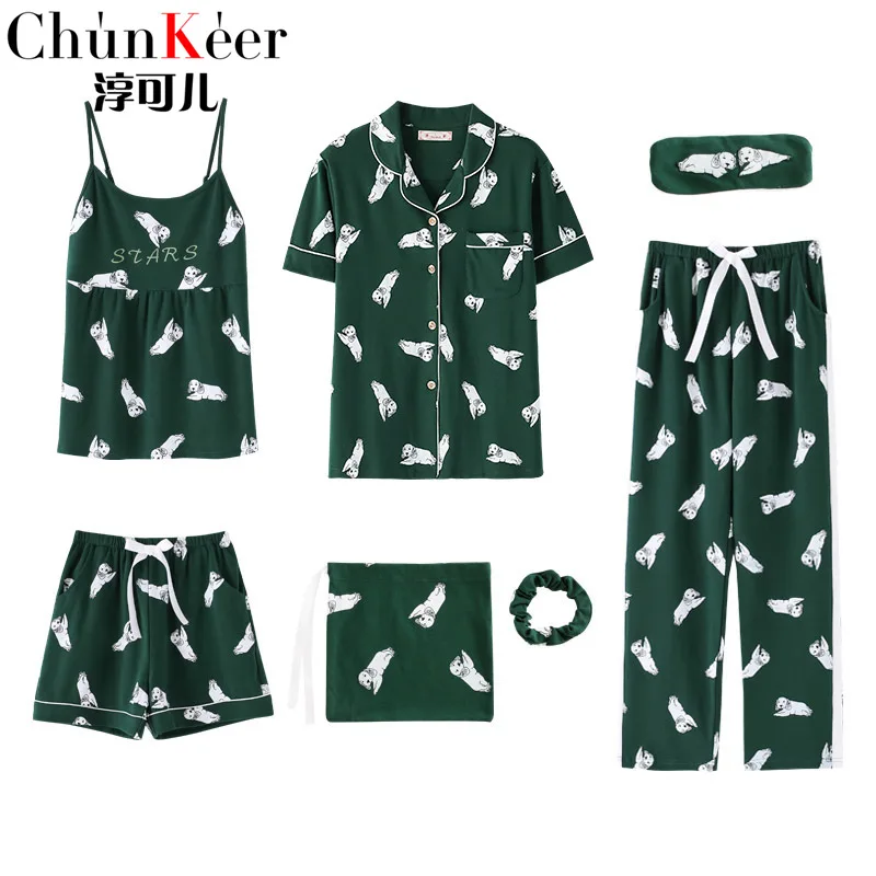 GN Wontive Casual Short sleeve trousers Thin section cotton Femme Pajama Set 7 Pieces Stitch lingerie Comfortable home clothe - Цвет: GN