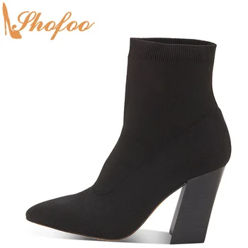 

Black Sock Ankle Boots High Chunky Heels Woman Pointed Toe Booties Large Size 12 15 For Ladies Winter Fashion Warm Shoes Shofoo