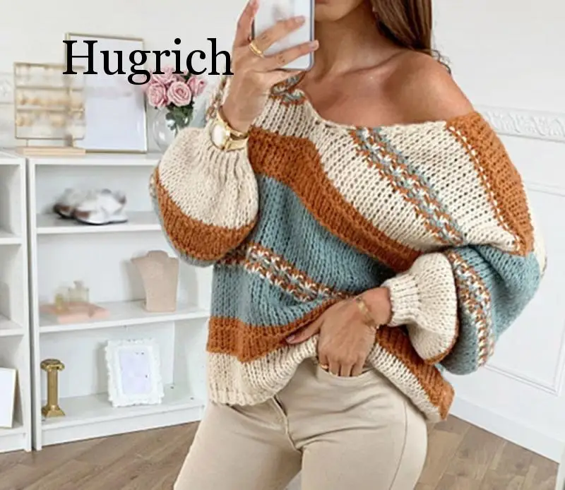 Autumn Winter Women Sexy V-neck Knitted Striped Sweater Loose Oversized Sweater Tops Long Sleeve Patchwork Pullover Sweaters Autumn Winter Women Sexy V-neck Knitted Striped Sweater Loose Oversized Sweater Tops Long Sleeve Patchwork Pullover Sweaters
