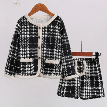 

Kids Children's Suit Girls Western Black Plaid Pattern Jacket + Shorts New Autumn Winter Baby Girls Long Sleeve Clothes Set