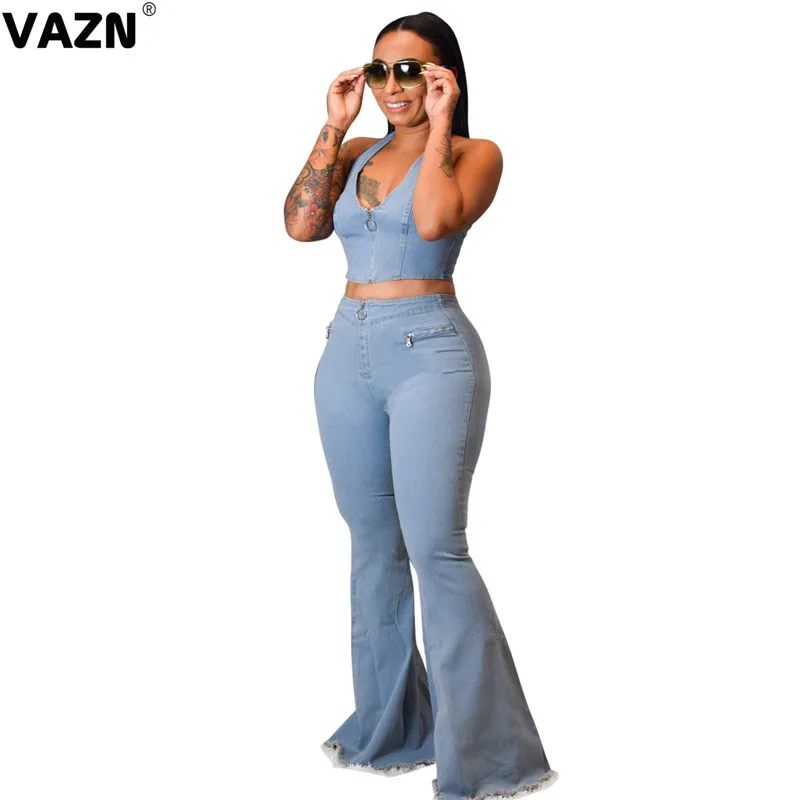 light blue VAZN, высокое качество, обычная верхняя часть рынка, свежий, прозрачный, сексуальный, молодой, неопрятный, модный, однотонный, высокая талия, дикий Джокер, тонкие расклешенные женские джинсы - Цвет: light blue