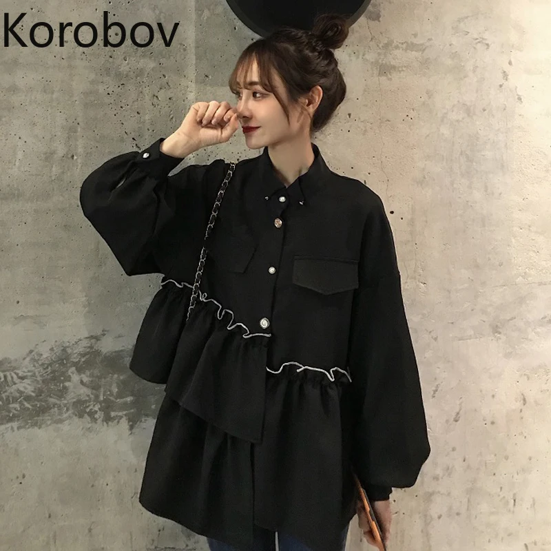 

Korobov Preppy Style Puff Sleeve Women Shirts Korean Turn-Down Collar Fashion Ruffles Patchwork Blusas Femininas Tops 79554