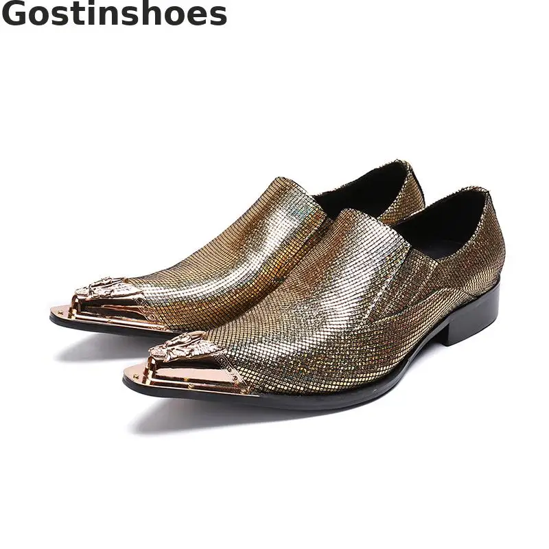 

Iron-tipped Men's Shoes Pointed Toe Golden Genuine Leather Men Oxfords Shoes Slip-on Men Dress Business Shoes Formal Shoes