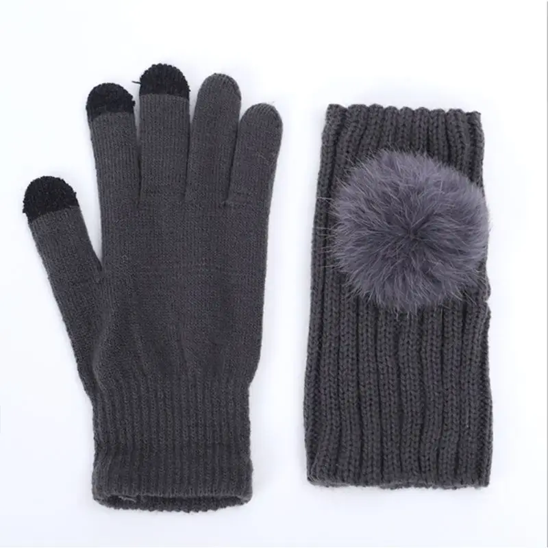 Женские 2в1 зимние теплые вязаные перчатки без пальцев с помпоном A69C