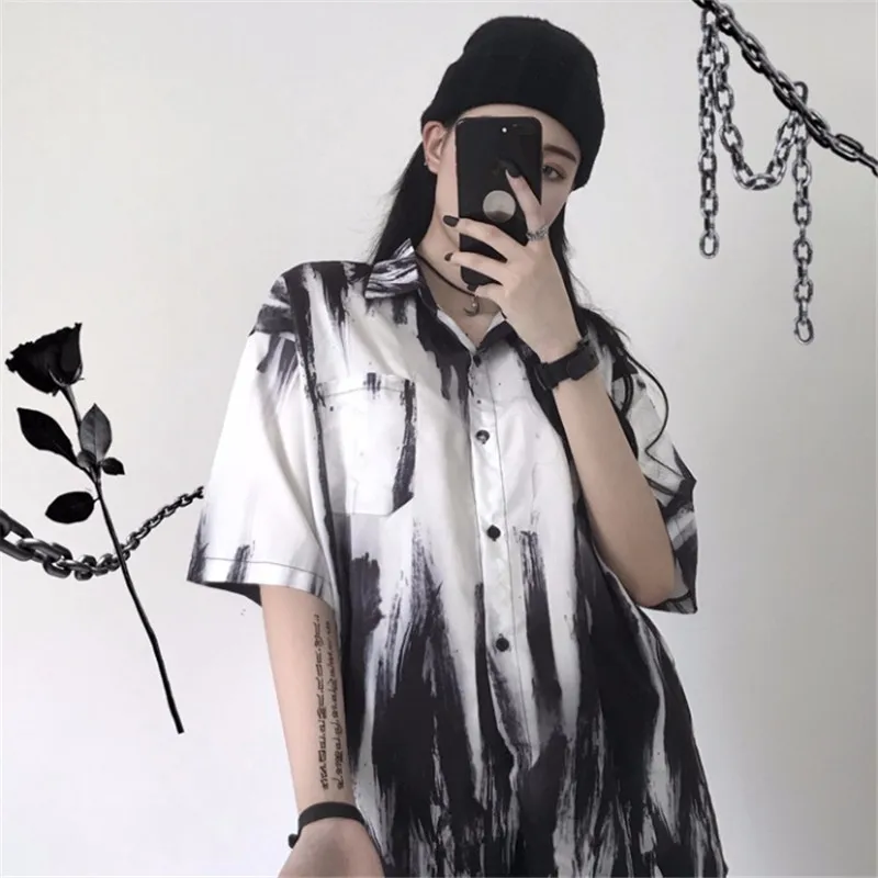

Lychee Harajuku Tie-dye Gradient Ink Print Women Blouse Color Block Loose Summer Women Blouse Short Sleeve Lady Shirt
