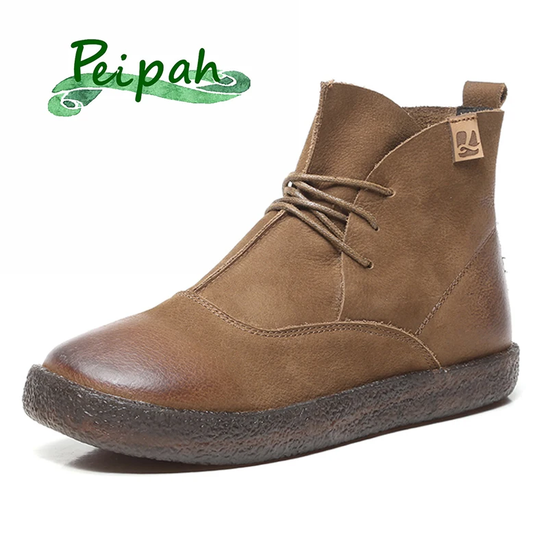 

PEIPAH 2019 new style Genuine Leather women's boots autumn and winter wild retro fur boots ankle boots for women shoes women