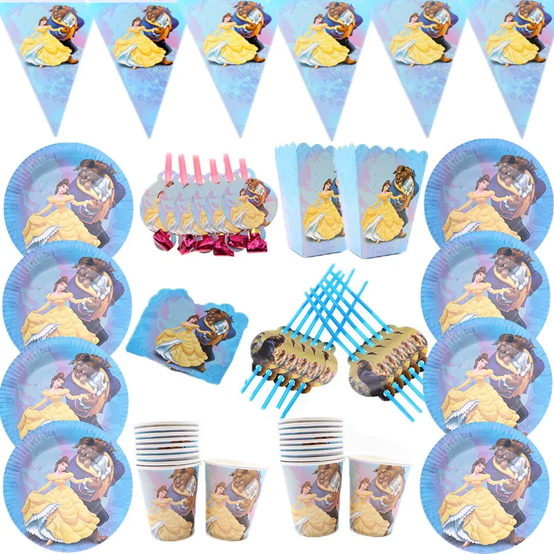 Disney Beauty And The Beas-vajilla desechable con tema, vasos de papel, pajitas, platos, suministros de decoración para fiesta de cumpleaños, globos con números