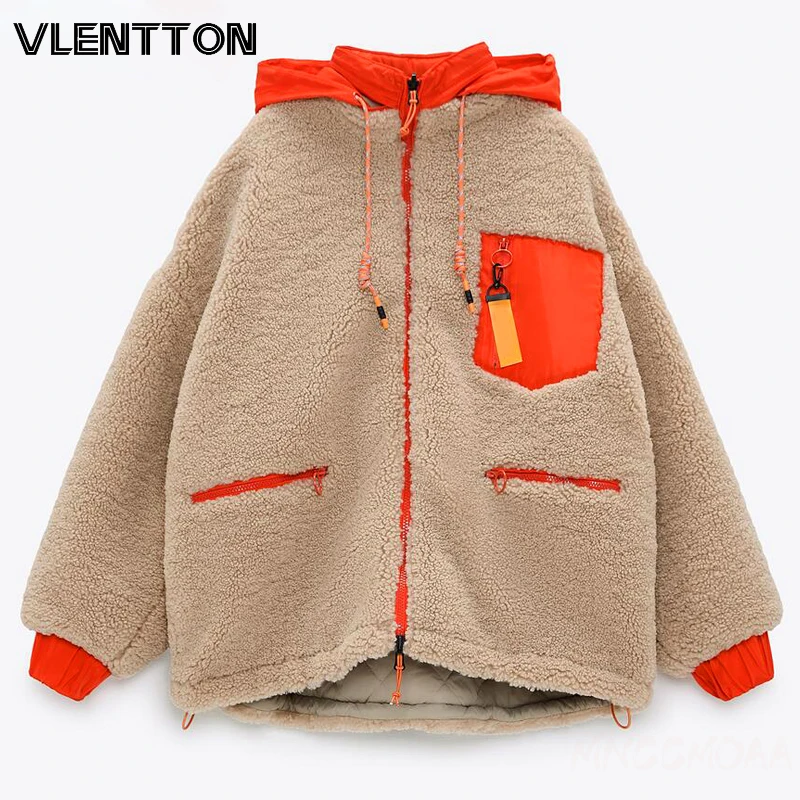 

New Winter Thick Warm Lambswool Hooded Jacket Coat Women Casual Zipper Patchwork Loose Outwear Female Oversize Parkas Mujer