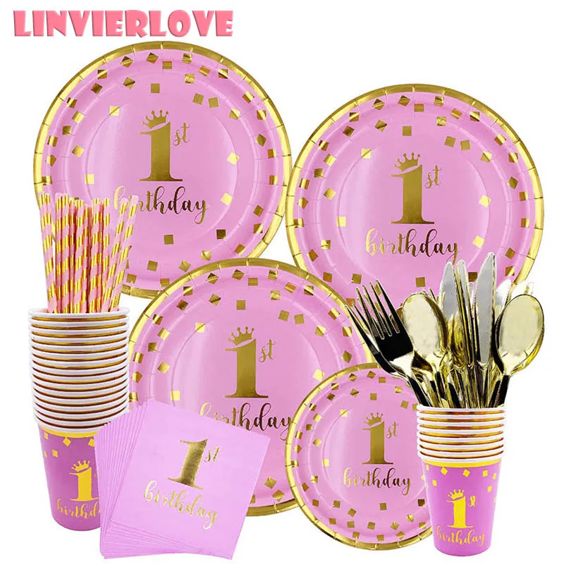 LINVIERLOVE 1 набор золотой 1-й бумажный стаканчик для дней рождения, салфетки, одноразовая Соломка для пола, украшения на день рождения