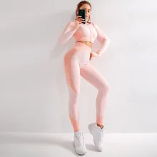 Бесшовный эластичный Женский комплект, комплекты для йоги, женская одежда для спортзала, Женский комплект 2 шт., розовый костюм для бега, одежда для тренировок для женщин