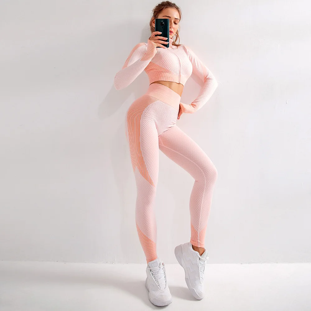  New Seamless Elasticity Women Set Yoga Sets Women Gym Clothes 2 Piece Set Women Pink Jogging Suit E