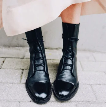 

women ankle boots women Round Toe Platform low heels lace up Black motorcycle boots shoes women warm snow boots woman Booties