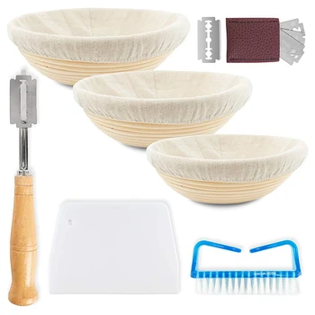 

Banneton Proofing Basket Artisan Bread - Set of 3 Dough Rising Handmade Rattan Bowl with Linen Cloth Bread Lame Scraper Brush Ba