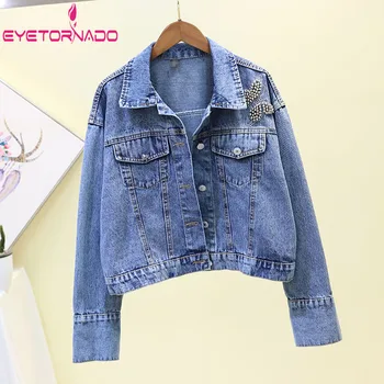 

Boyfriend Women Jeans Jacket Butterfly Shape Beadings Short Denim Jackets Harajuku Casual Loose Oversized Cowboy Coat Outwear