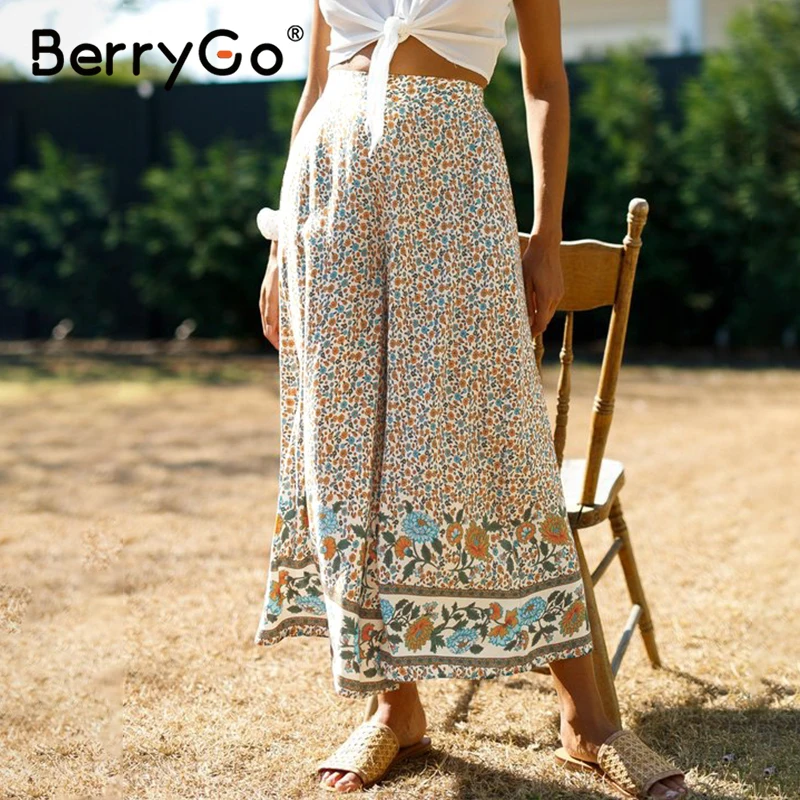 BerryGo Boho женские летние повседневные штаны с цветочным принтом, богемные свободные длинные штаны с широкими штанинами, праздничные пляжные женские штаны