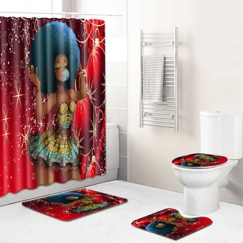 

4Pcs/Set African American women Pattern Shower Curtain Mat Set Non Slip Rugs Carpet for Bathroom Toilet Bath Christmas gift