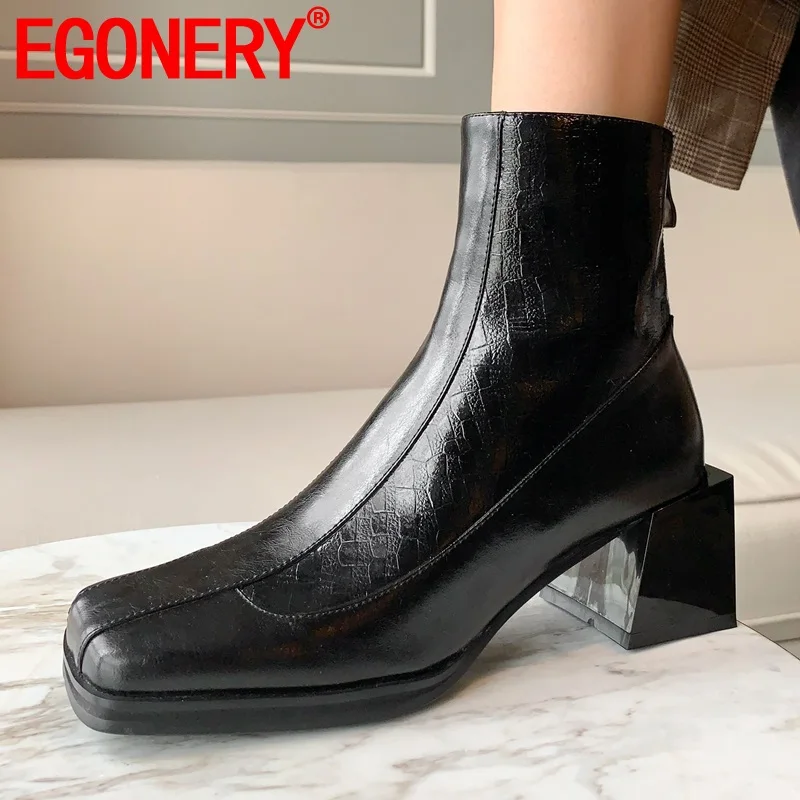 

EGONERY office leather booties square toe high heel women's shoes woman fashion winter autumn leather ankle boots drop shipping