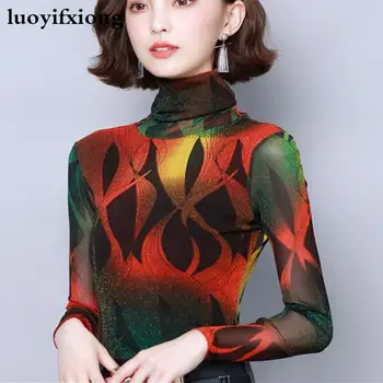 

Korean Print Lace Blouse Women Shirts Elasticity Slim Long Sleeve Turtleneck Shirt Blusas Mujer Plus Size Office Women Blouses